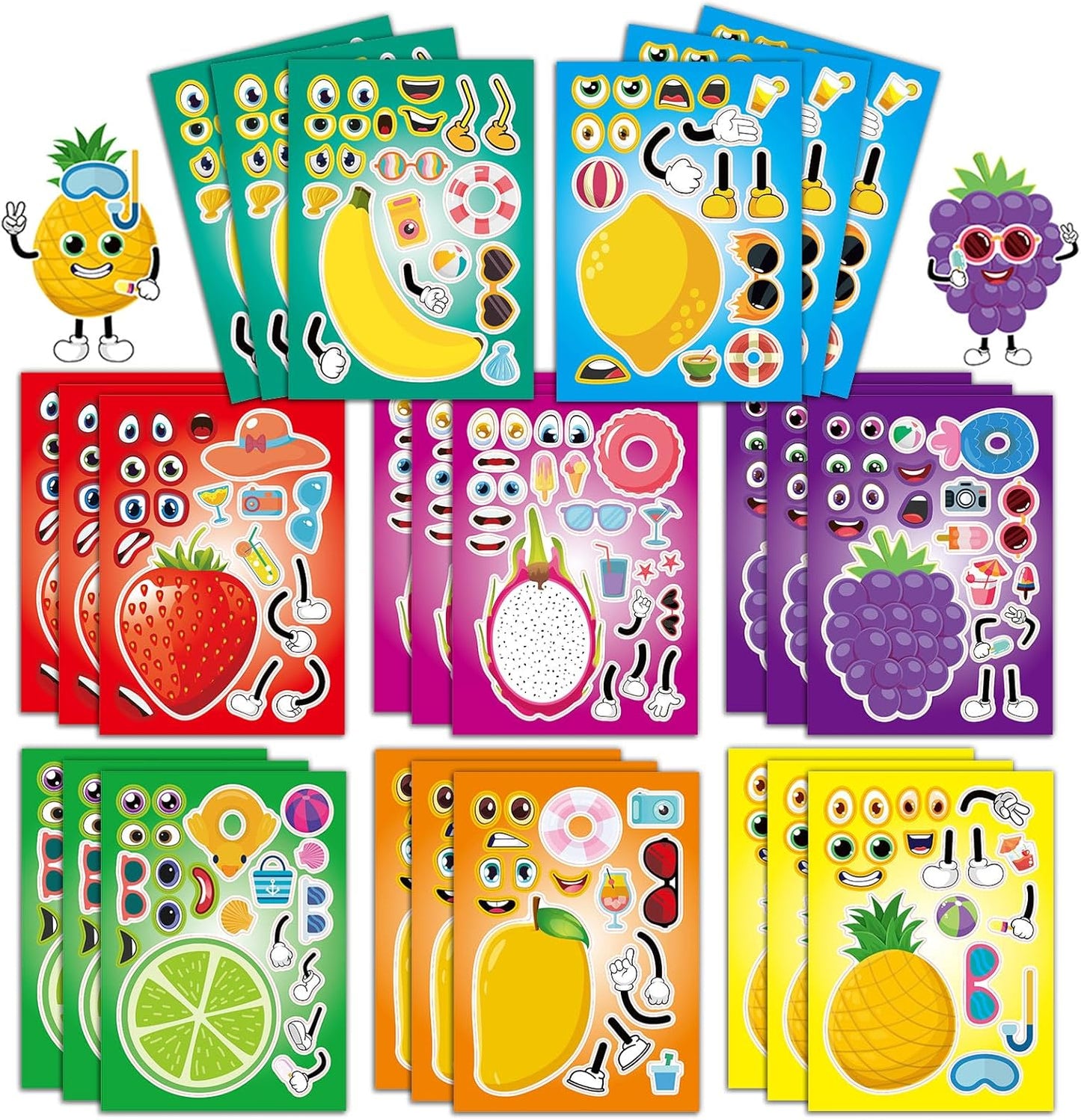 Set of colorful sticker sheets with cartoon fruits and characters on a white background