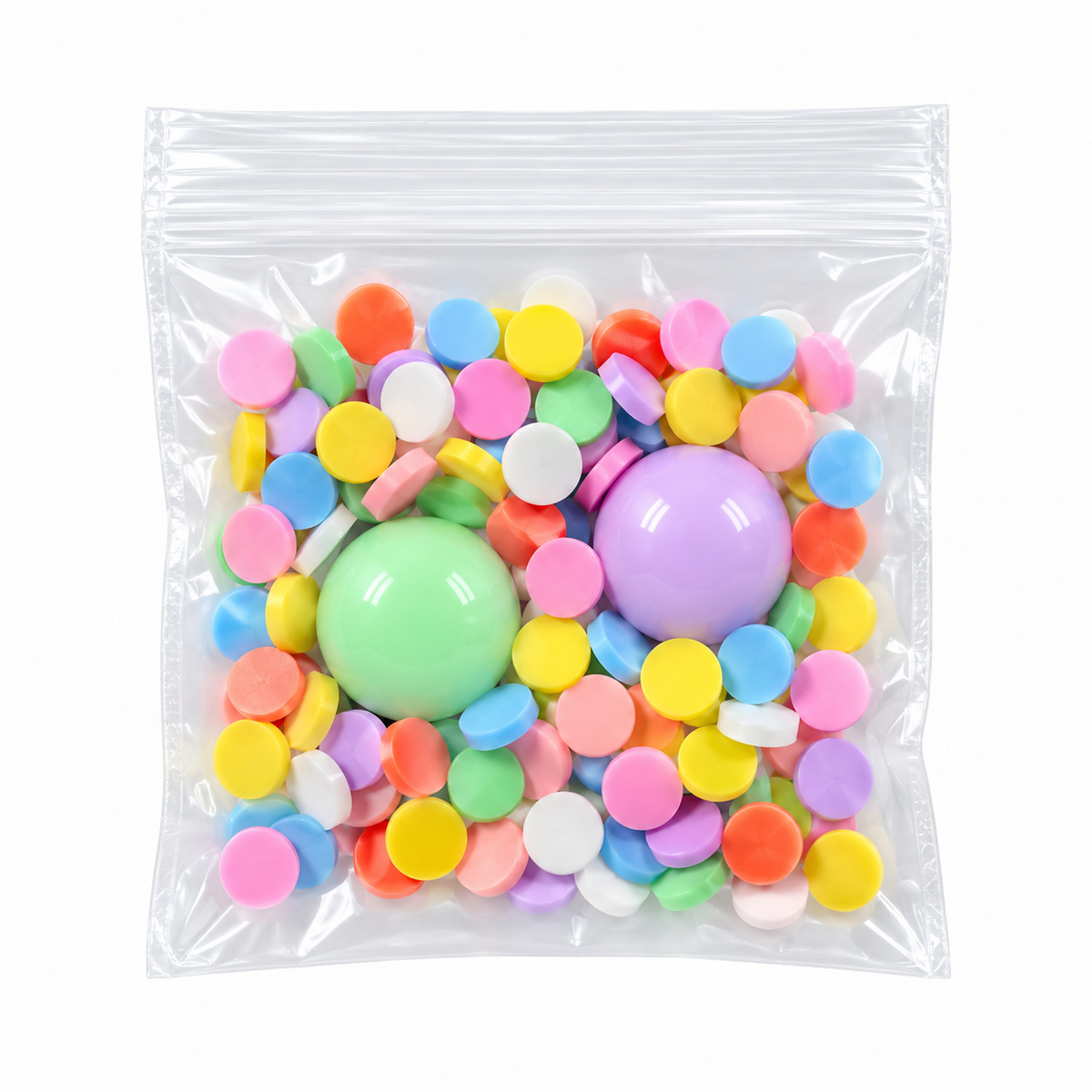 Clear packet of colorful sprinkles with two pastel gumball beads