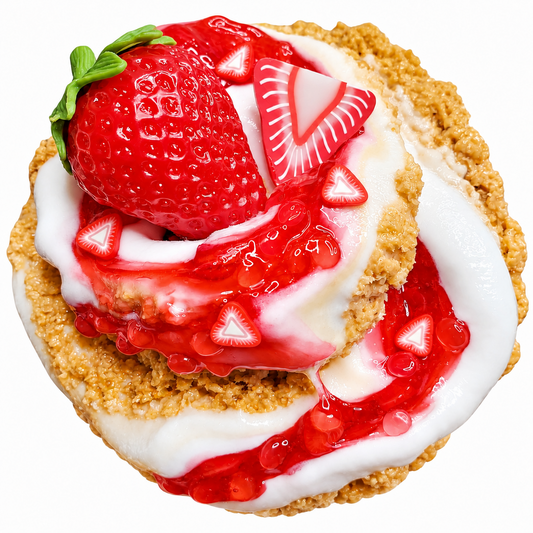 Strawberry Cheesecake Hybrid Slime combining clear, snowfizz, and butter textures with strawberry charms and fimo slices