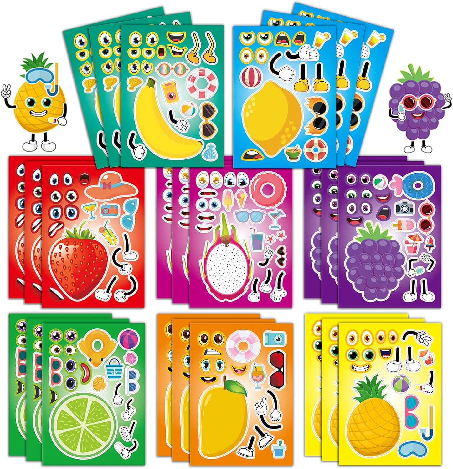 Set of colorful sticker sheets with cartoon fruits and characters on a white background