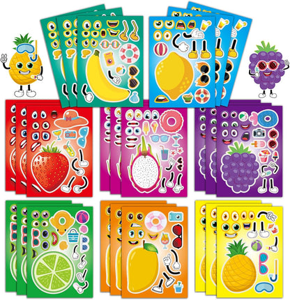 Set of colorful sticker sheets with cartoon fruits and characters on a white background