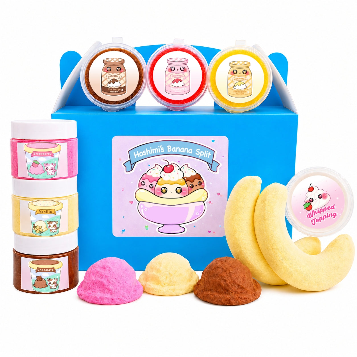Banana Split DIY scented handmade slime kit with butter slime, clay ice cream scoops, toppings, sprinkles, banana boat, squishy toy, and blue gift box.