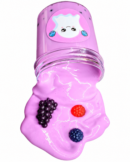 Boo Berry Boba thick and glossy Halloween slime with black boba beads, berry charms, strawberry fimo slices and berry scent
