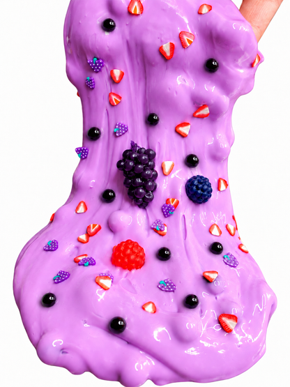 Boo Berry Boba thick and glossy Halloween slime with black boba beads, berry charms, strawberry fimo slices and berry scent