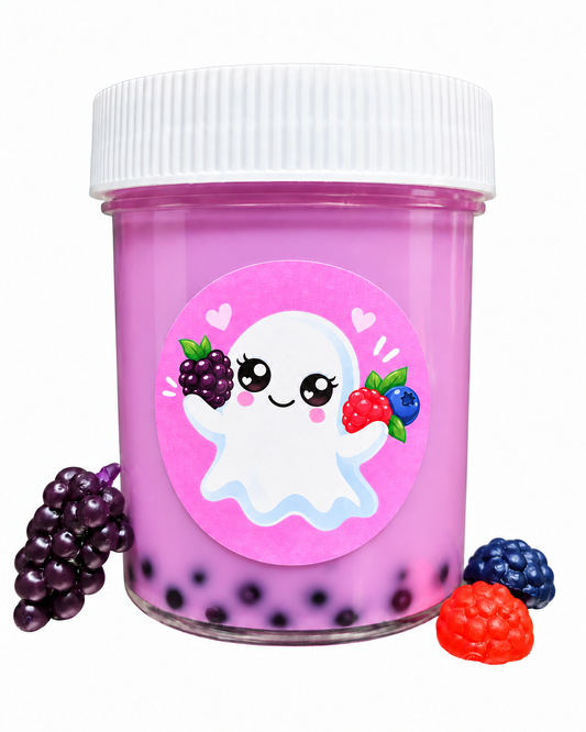 Boo Berry Boba thick and glossy Halloween slime with black boba beads, berry charms, strawberry fimo slices and berry scent