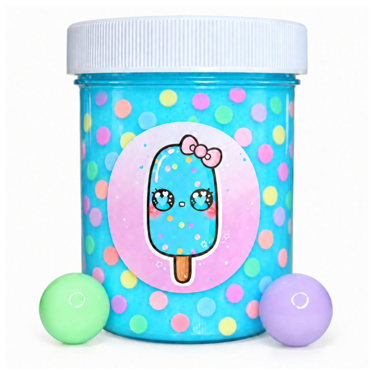 Blue Bubblegum Paleta slime jar with green and purple gumball beads