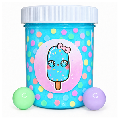 Blue Bubblegum Paleta slime jar with green and purple gumball beads
