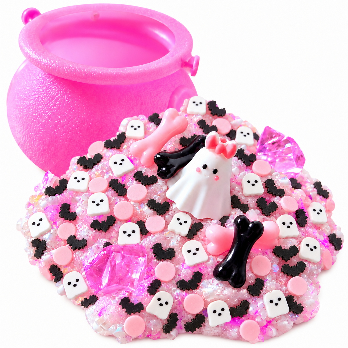 Boo-tiful Brew crunchy bingsu slime with pink cauldron and Halloween charms