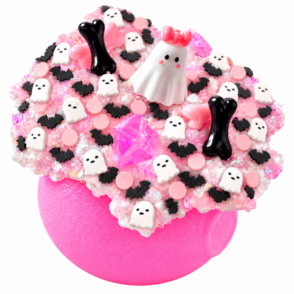 Boo-tiful Brew crunchy bingsu slime with pink cauldron and Halloween charms