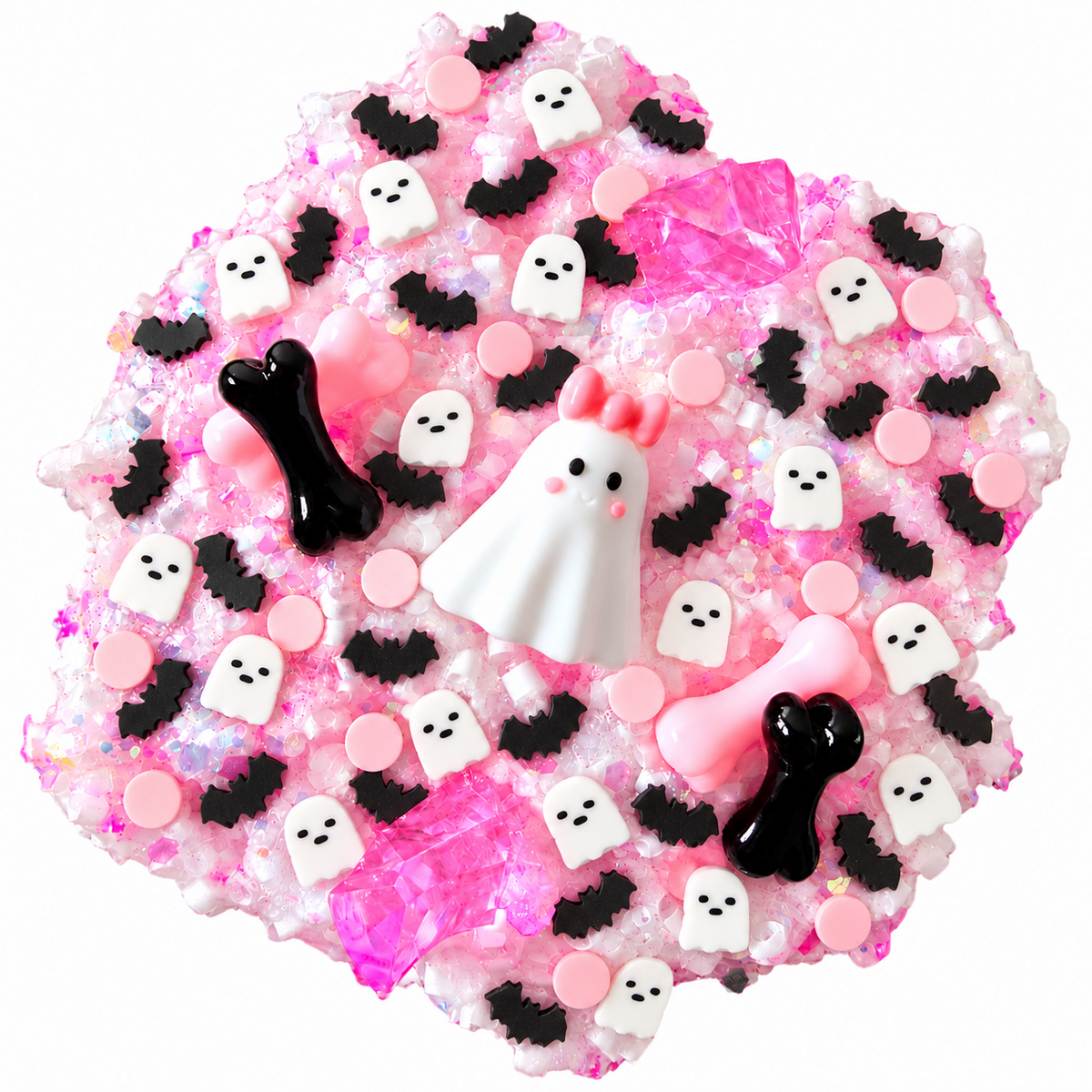 Boo-tiful Brew crunchy bingsu slime with pink cauldron and Halloween charms