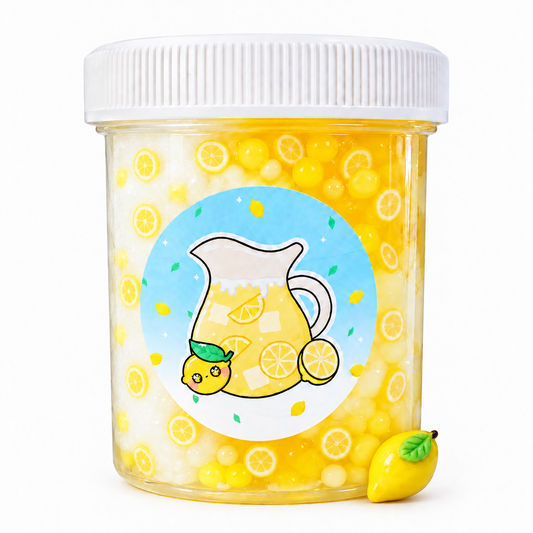 Frozen Lemonade hybrid slime jar with white cloud slime, yellow clear bead slime and lemon charm