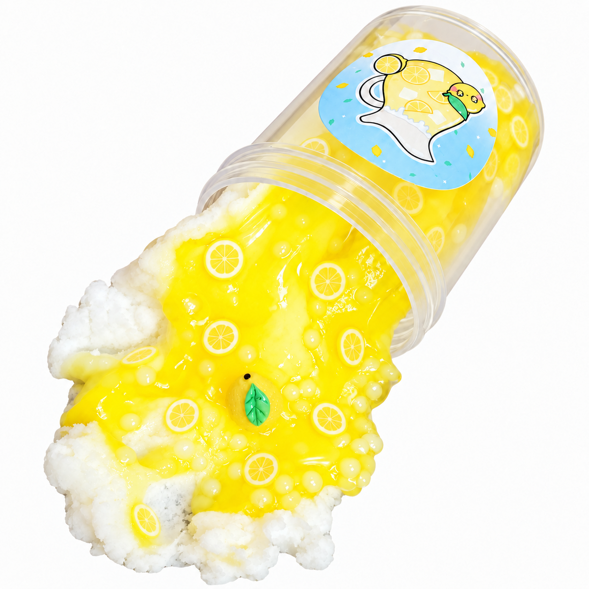 Frozen Lemonade hybrid slime flowing from an open jar with lemon slices and a lemon charm