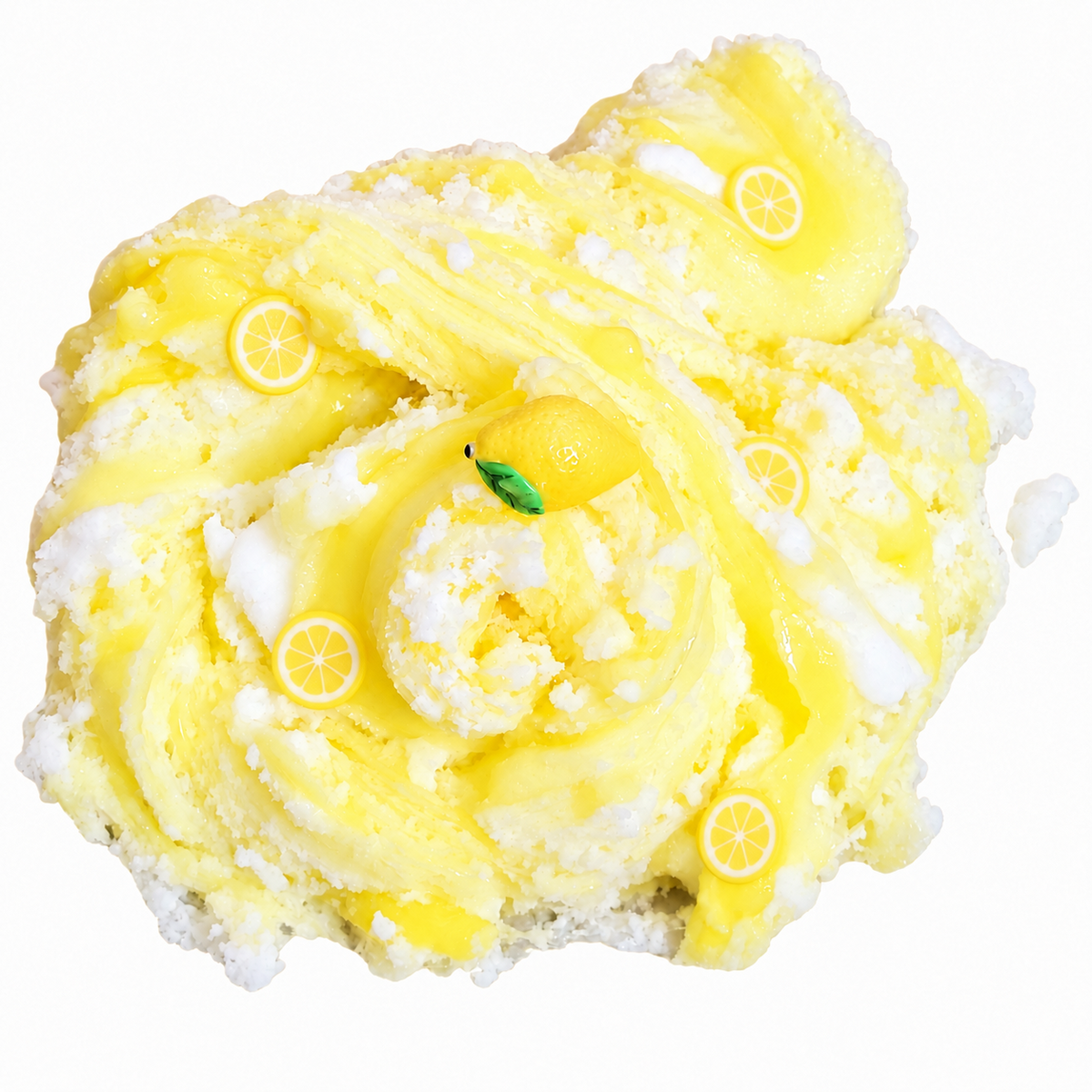 Frozen Lemonade cloud and clear slime folded together with lemon fimos and lemon charm