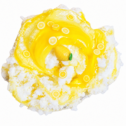 Frozen Lemonade yellow clear slime swirled with white cloud slime and lemon decorations