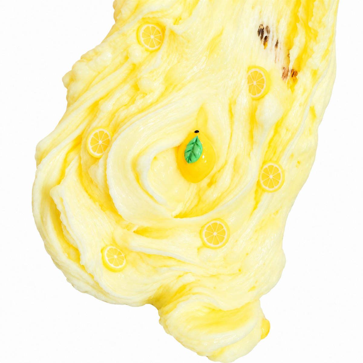 Frozen Lemonade hybrid slime stretched to show its creamy texture with lemon fimos