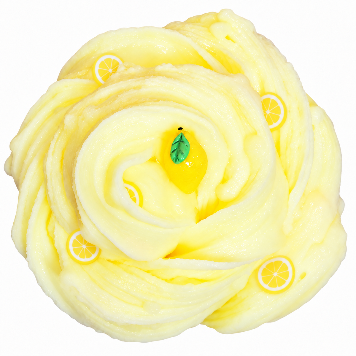 Mixed Frozen Lemonade hybrid slime in a pale yellow swirl with lemon slices and charm