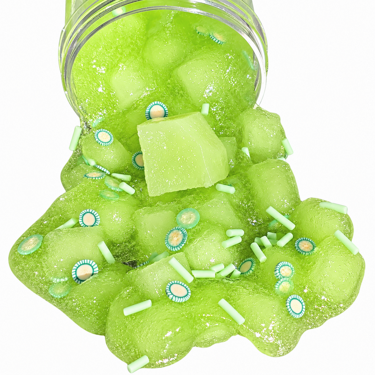 Honeydew Jelly Pop green jelly slime with squishable jelly cubes, honeydew fimo slices, and sprinkles