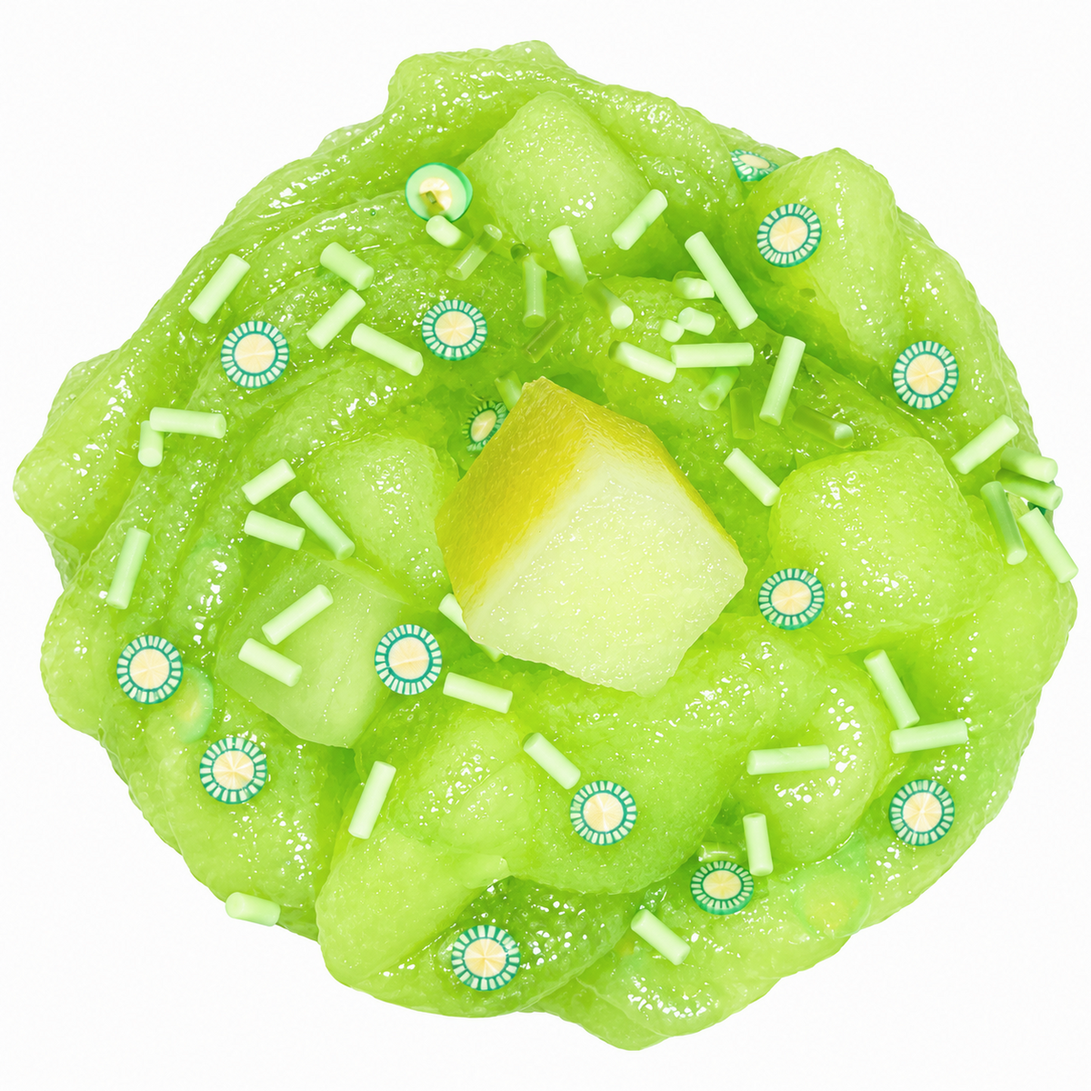 Honeydew Jelly Pop green jelly slime with squishable jelly cubes, honeydew fimo slices, and sprinkles