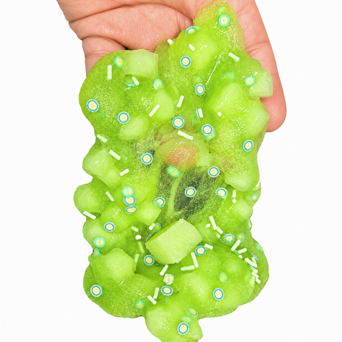 Honeydew Jelly Pop green jelly slime with squishable jelly cubes, honeydew fimo slices, and sprinkles