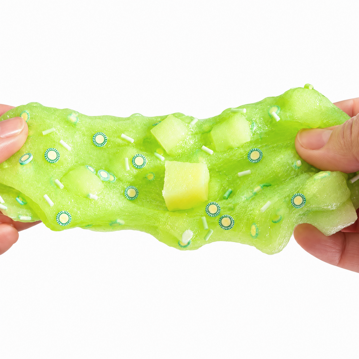 Honeydew Jelly Pop green jelly slime with squishable jelly cubes, honeydew fimo slices, and sprinkles