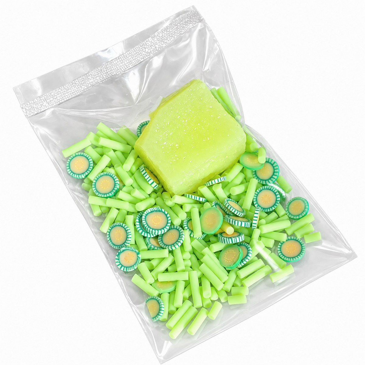 Honeydew charm, green sprinkles, and honeydew fimo slices for Honeydew Jelly Pop