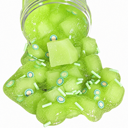 Honeydew Jelly Pop green jelly slime with squishable jelly cubes, honeydew fimo slices, and sprinkles