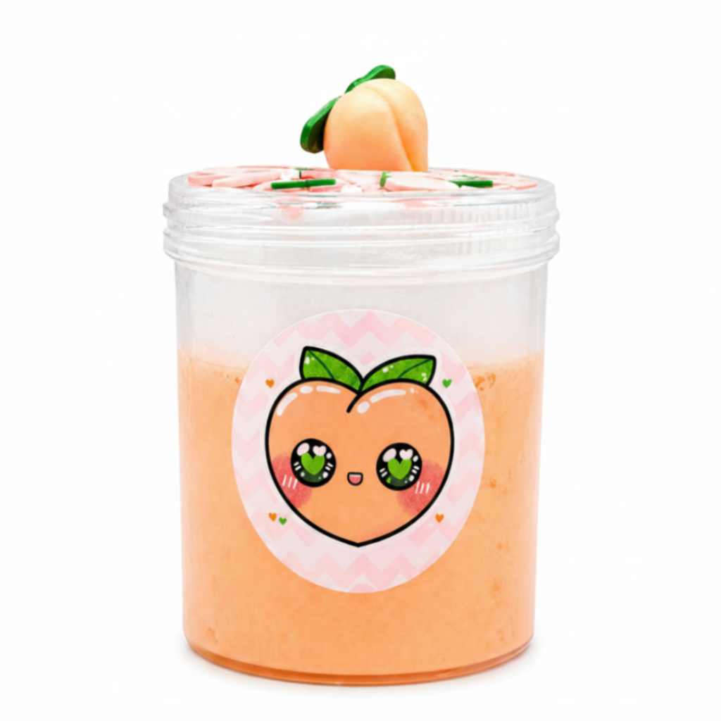 Peach-themed container with a cute peach face sticker on a white background