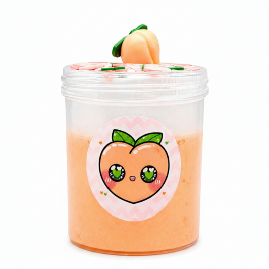Peach-themed container with a cute peach face sticker on a white background