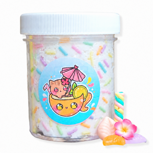 Piña Colada snow fizz slime jar with pastel sprinkles and five charms
