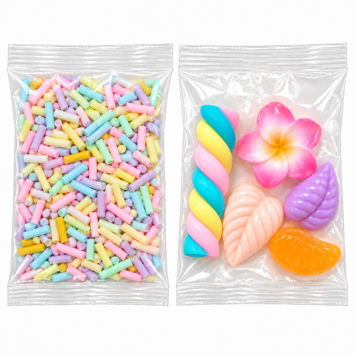 Pastel sprinkle packet and five-charm packet included with Piña Colada snow fizz slime