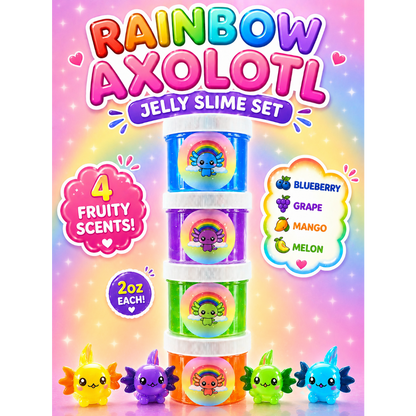 Rainbow Axolotl Slime Set – 4pc Scented Jelly Slimes with Charms