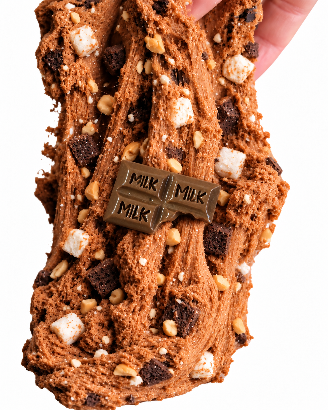 Rocky Road cloud cream slime stretched vertically with faux marshmallows and chocolate bar charm