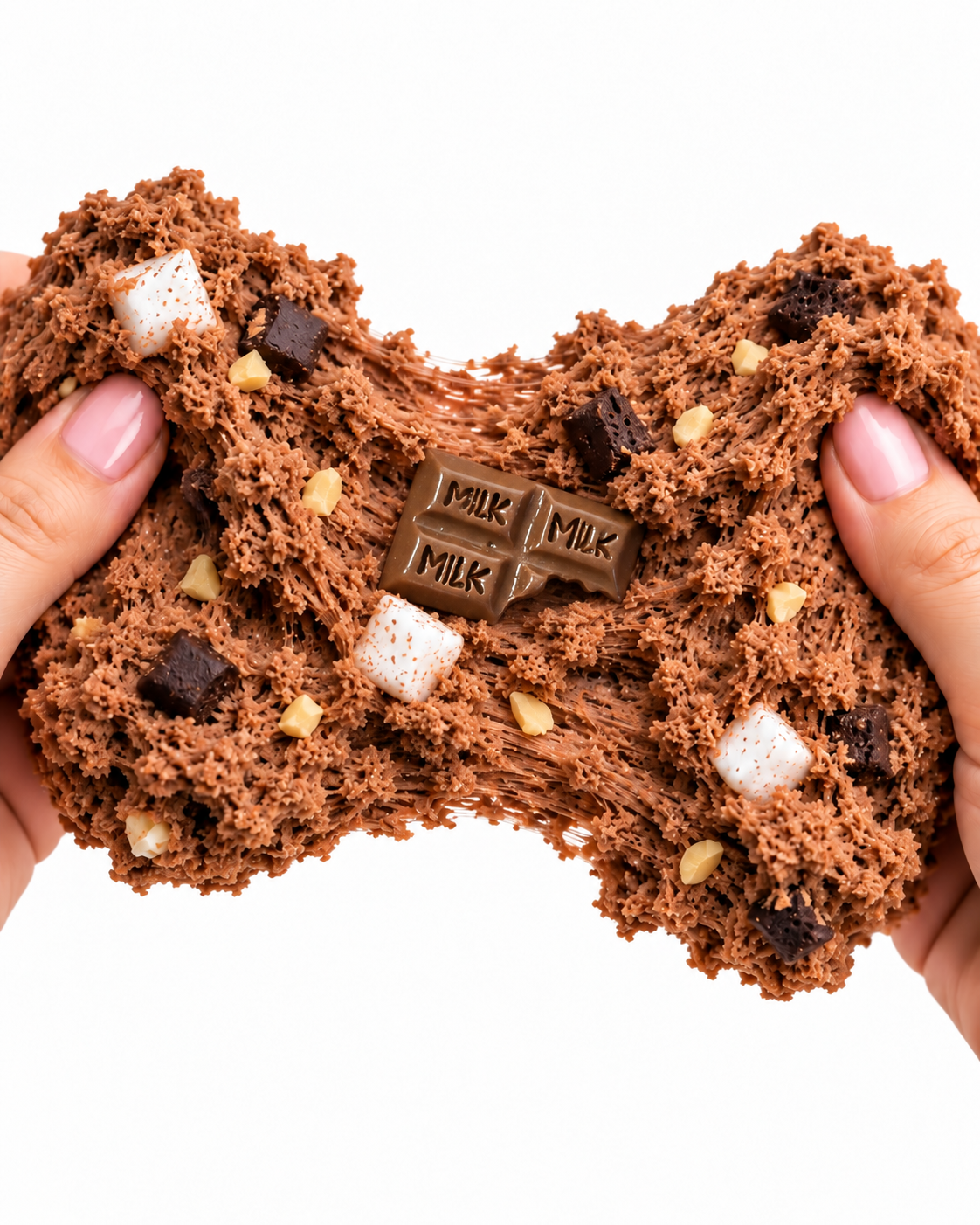 Two hands stretching Rocky Road cloud cream slime with java chunks and faux peanuts