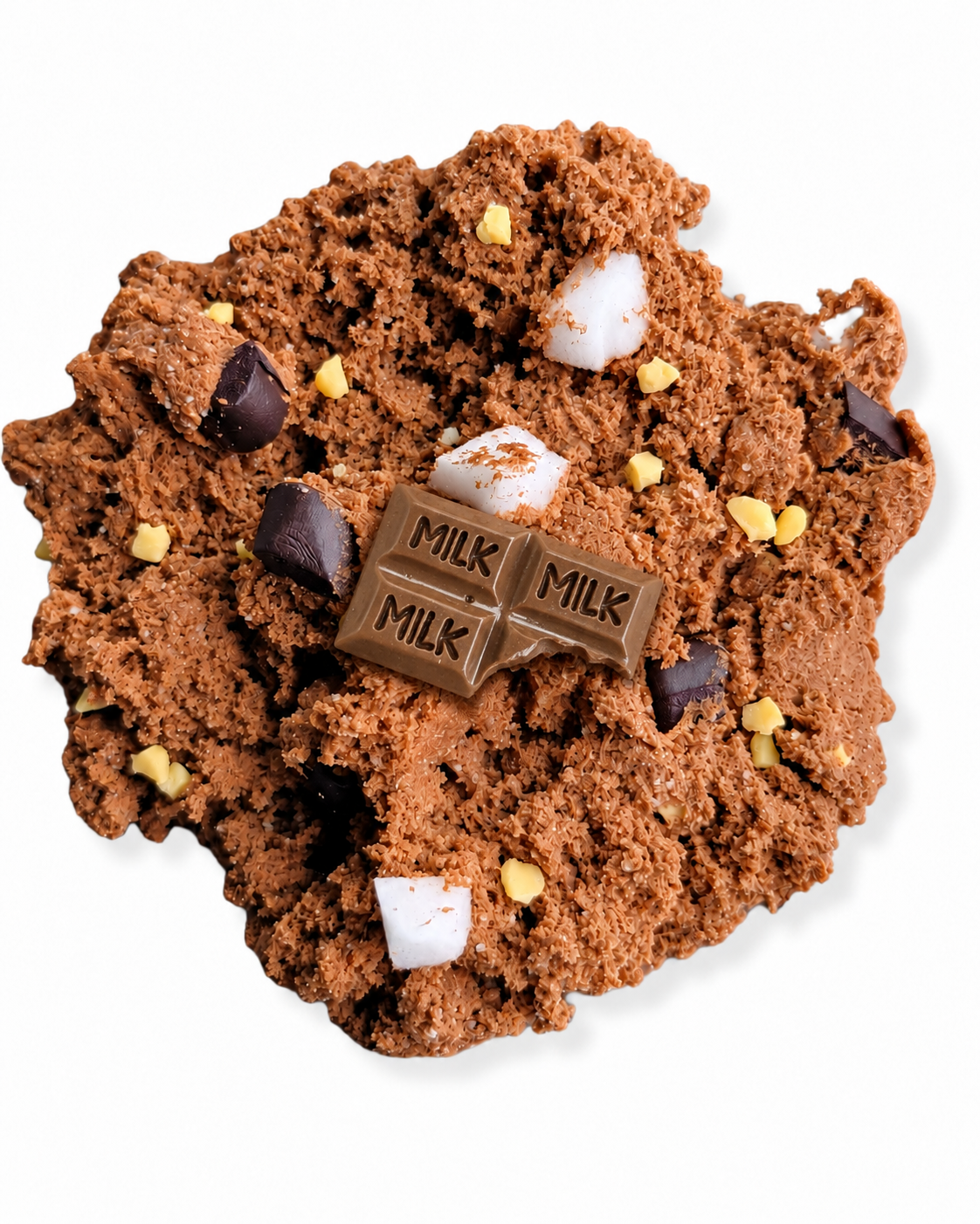 Rocky Road cloud cream slime topped with a chocolate bar charm and faux marshmallow cubes