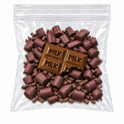Clear packet containing chocolate java foam chunks, clay crumbles and a bitten chocolate bar charm