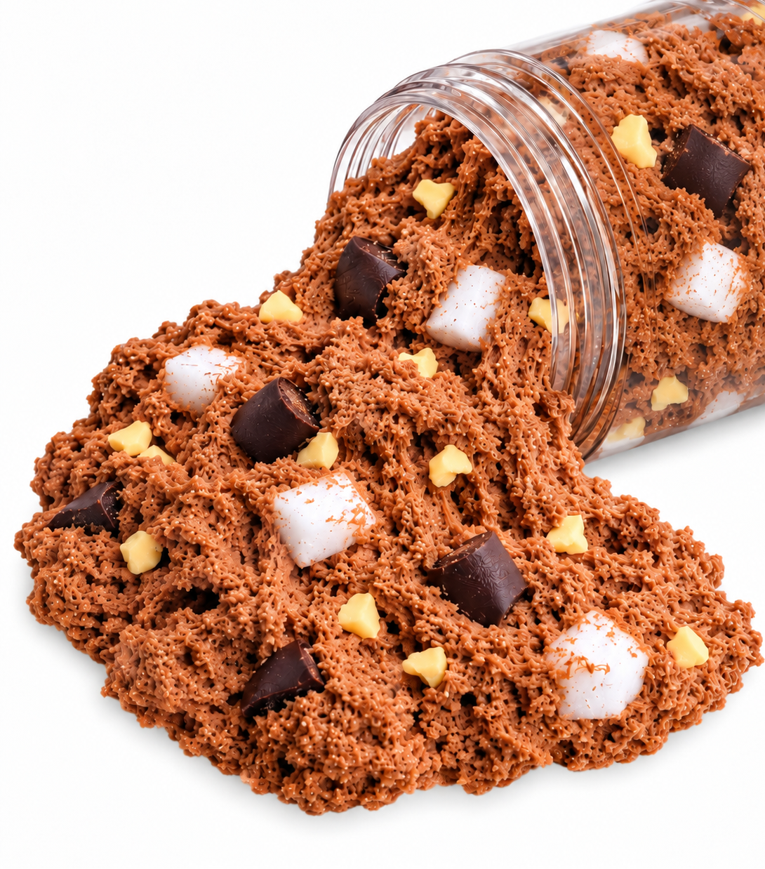 Rocky Road cloud cream slime spilling from a clear jar with faux marshmallows, java chunks and faux peanuts