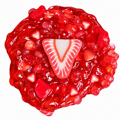 Strawberry Cheesecake Hybrid Slime combining clear, snowfizz, and butter textures with strawberry charms and fimo slices
