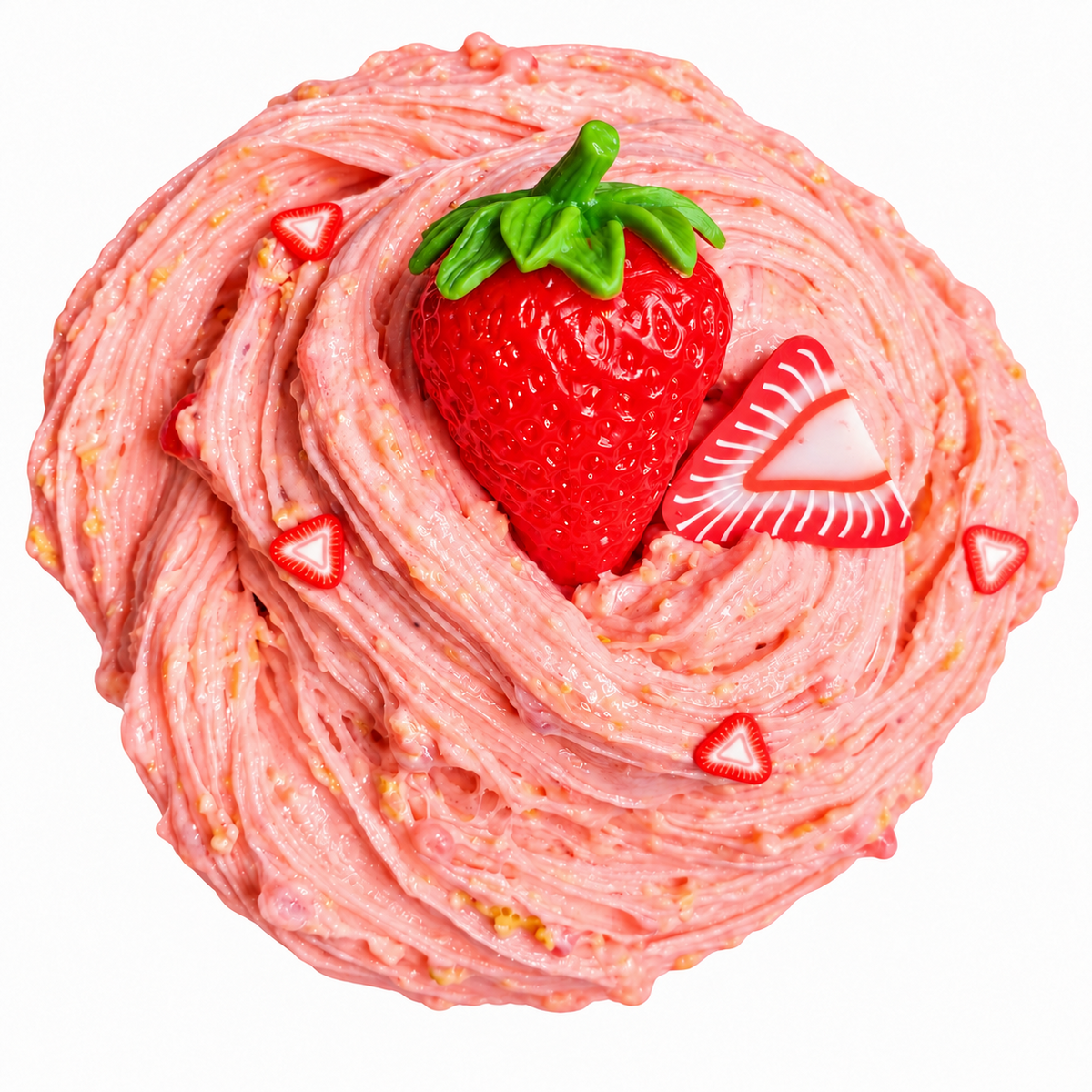 Strawberry Cheesecake Hybrid Slime combining clear, snowfizz, and butter textures with strawberry charms and fimo slices