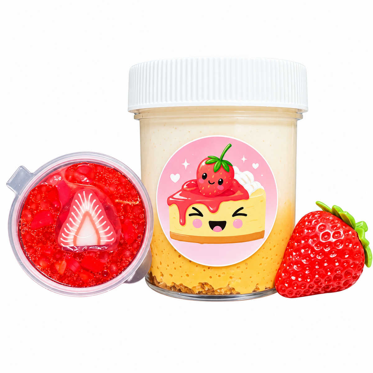Strawberry Cheesecake Hybrid Slime jar with red clear slime and strawberry charm