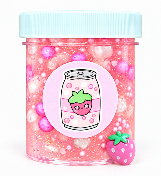 Strawberry Sparkling Soda clear foam bead slime jar with pink strawberry charm