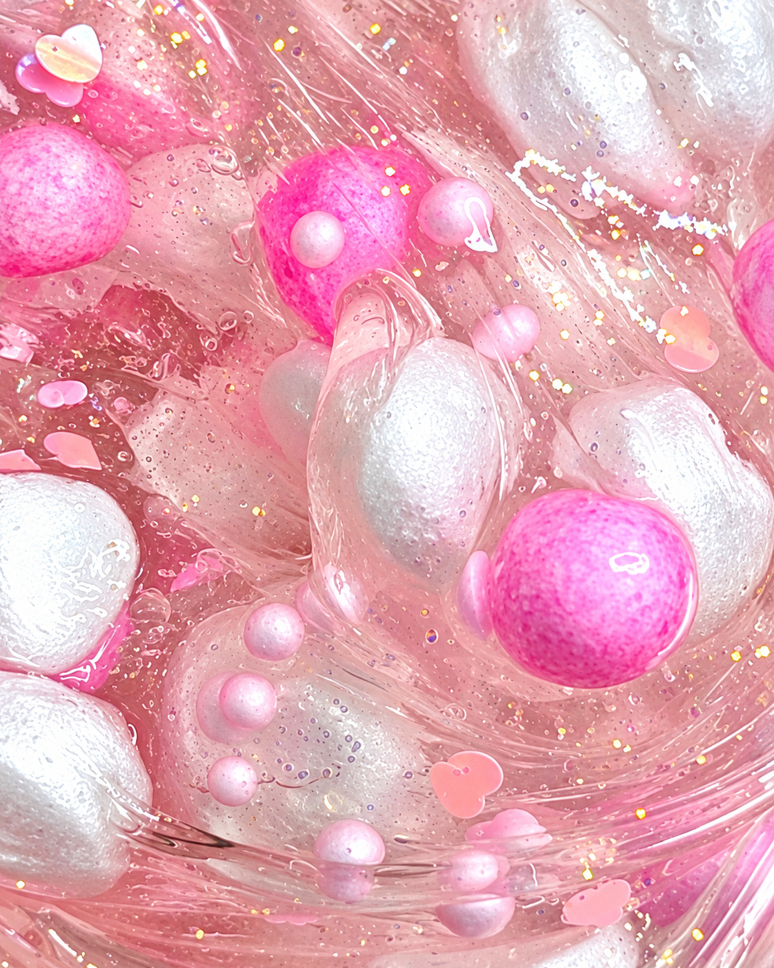 Close-up of Strawberry Sparkling Soda clear slime with pink and white foam beads and sparkles