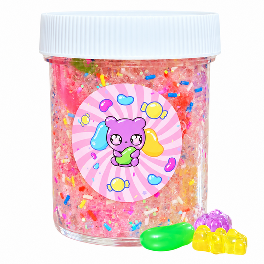 Sugar Rush clear sugar scrub slime jar with rainbow sprinkles and faux candy charms