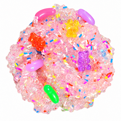 Sugar Rush clear slime with sugar scrub beads, rainbow sprinkles and faux gummy bear charms
