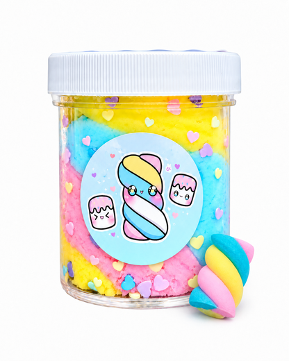 Twisted Marshmallow cloud slime jar in pink, blue and yellow with a marshmallow charm