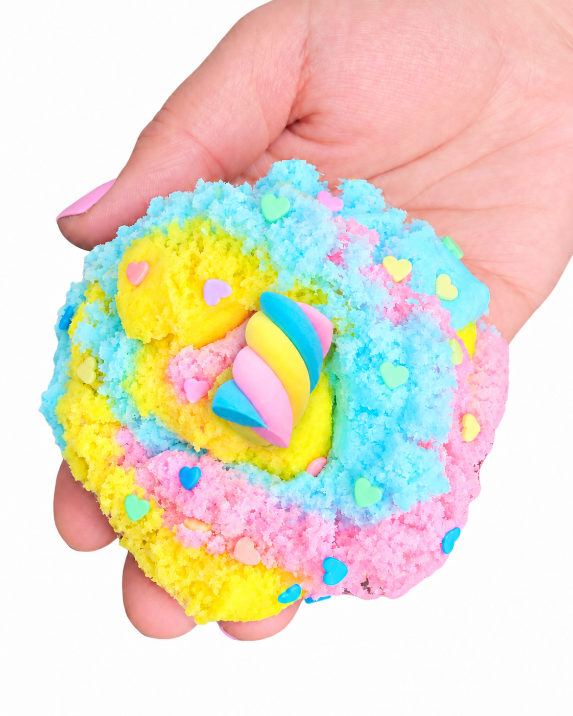 Twisted Marshmallow cloud slime held in a hand with heart sprinkles and a twisted marshmallow charm