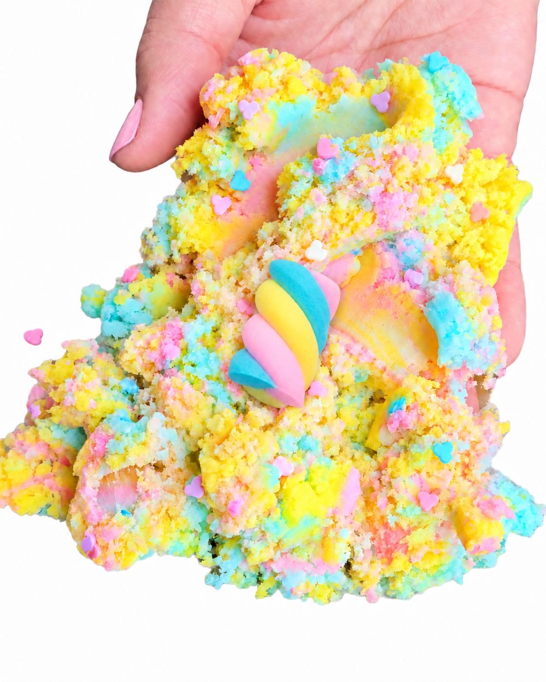 Twisted Marshmallow cloud slime spread in a hand showing its airy texture and heart sprinkles