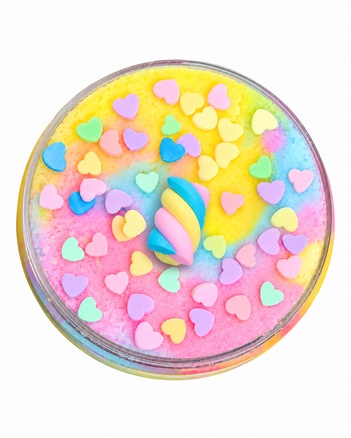 Top view of Twisted Marshmallow cloud slime with pastel heart sprinkles and marshmallow charm
