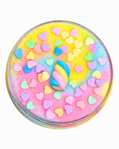 Top view of Twisted Marshmallow cloud slime with pastel heart sprinkles and marshmallow charm
