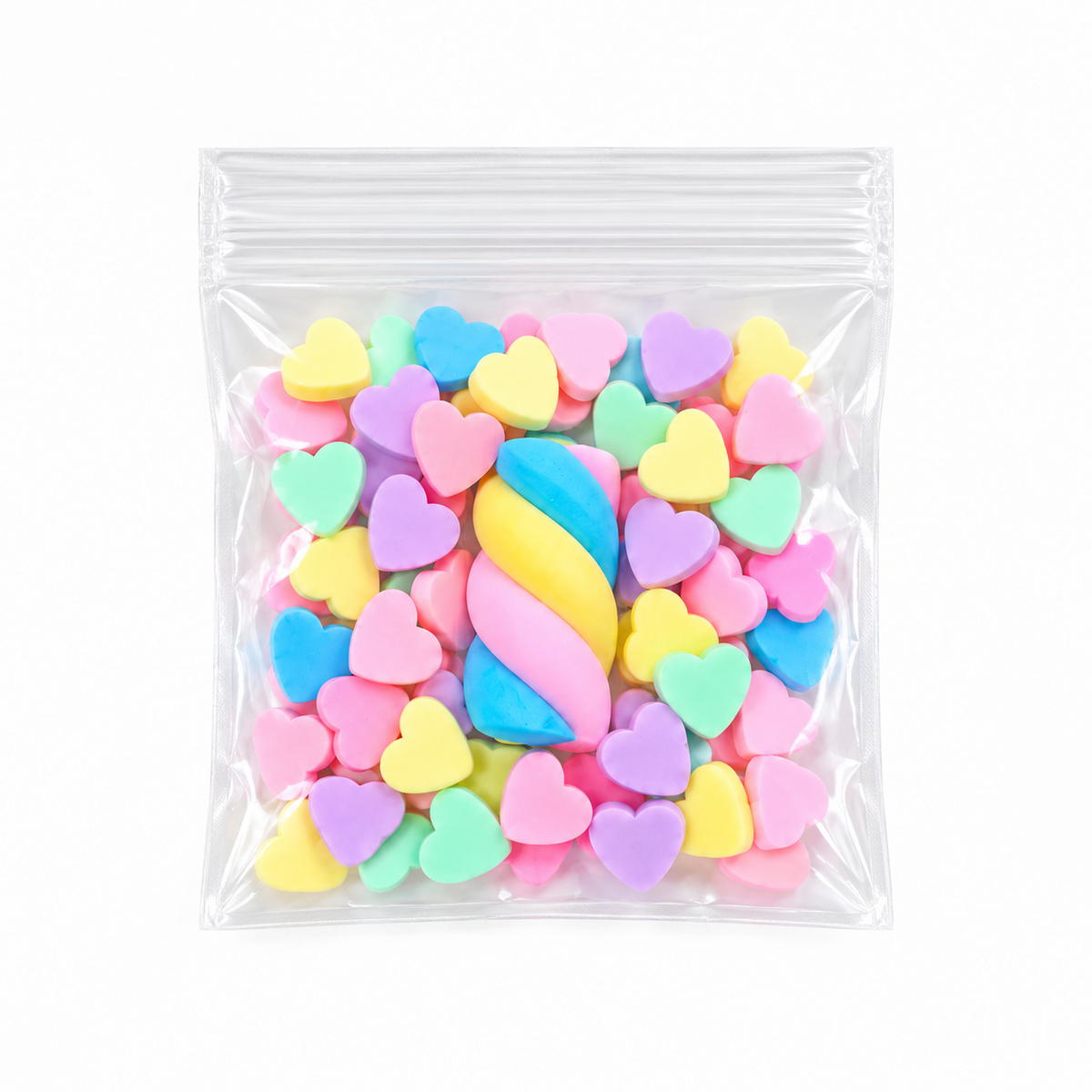 Included packet of pastel heart sprinkles and twisted marshmallow charm