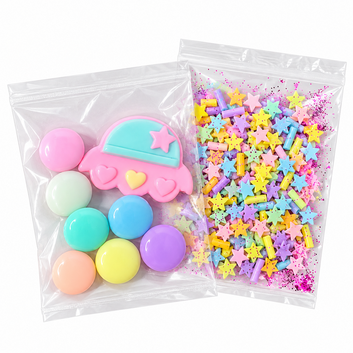 Pastel candy pieces, kawaii UFO charm, and sprinkle pack included with UFO Candy Crunch